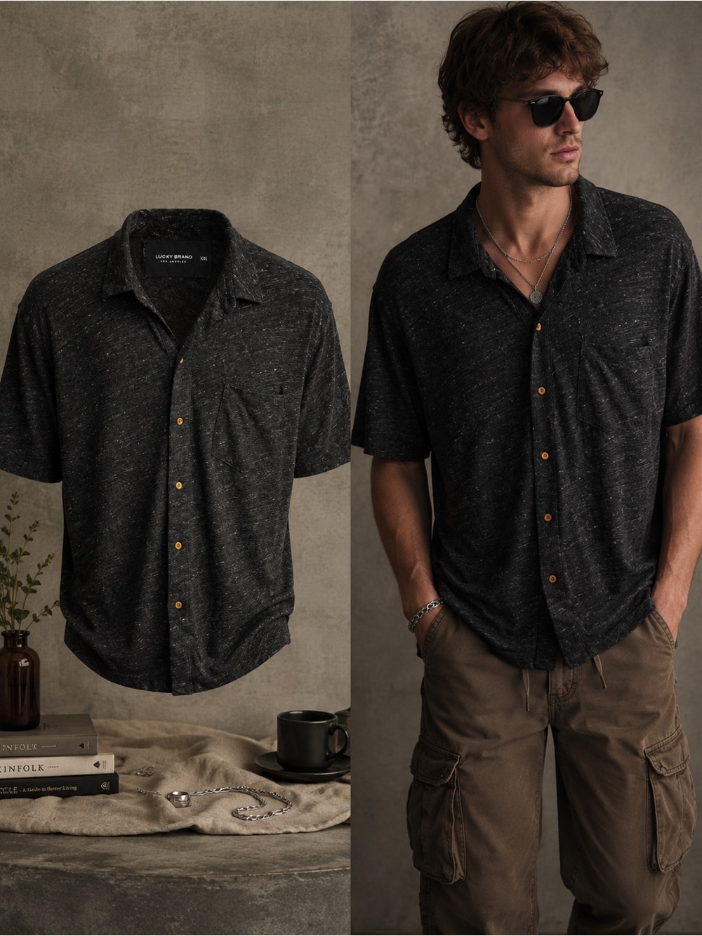Lucky Brand Charcoal Slub Linen Blend Camp Shirt | Relaxed Coastal Grunge | XXL